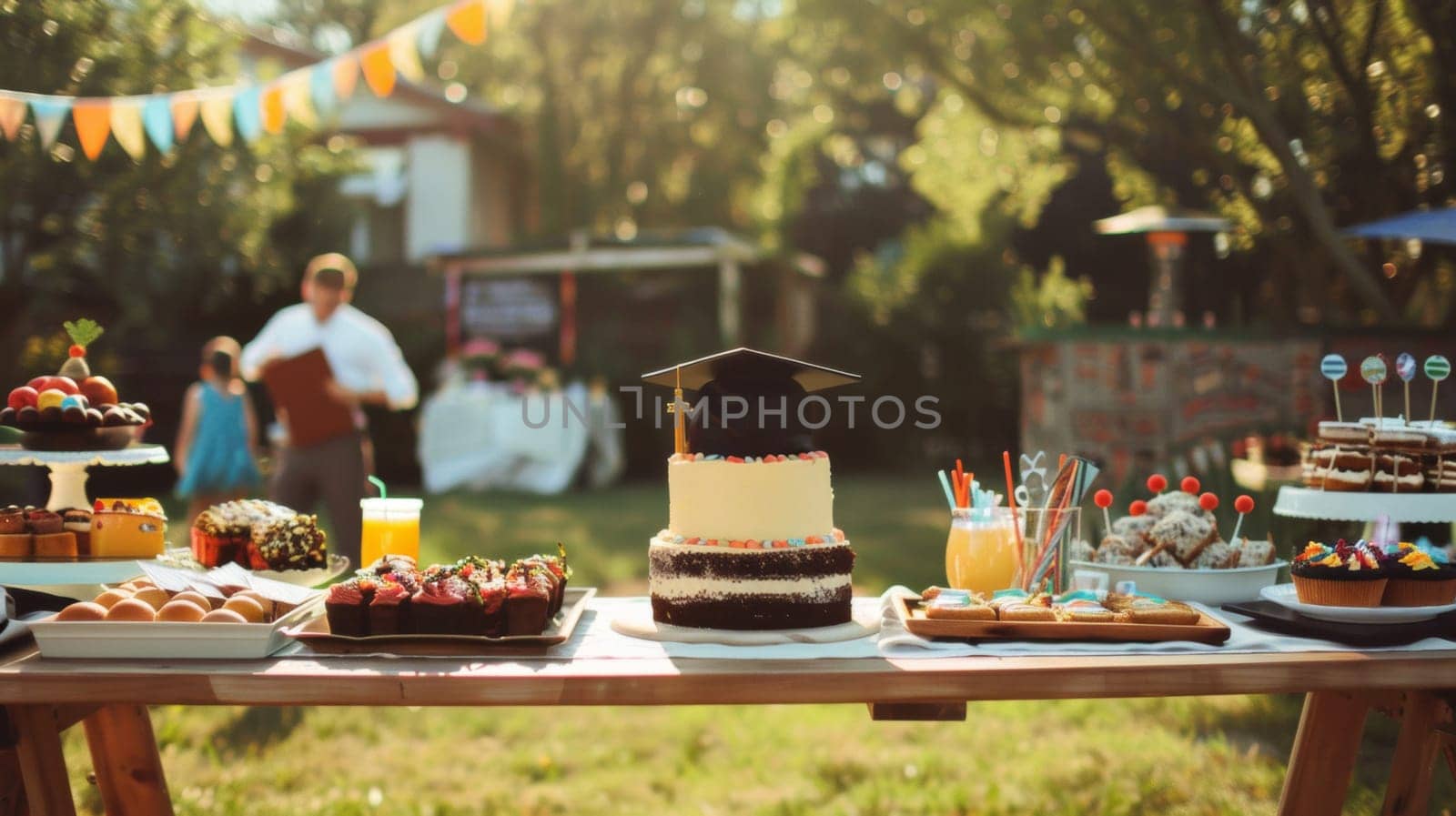 Graduation party outdoors in the garden during daylight in a sunny day. Cakes and deserts are ready.