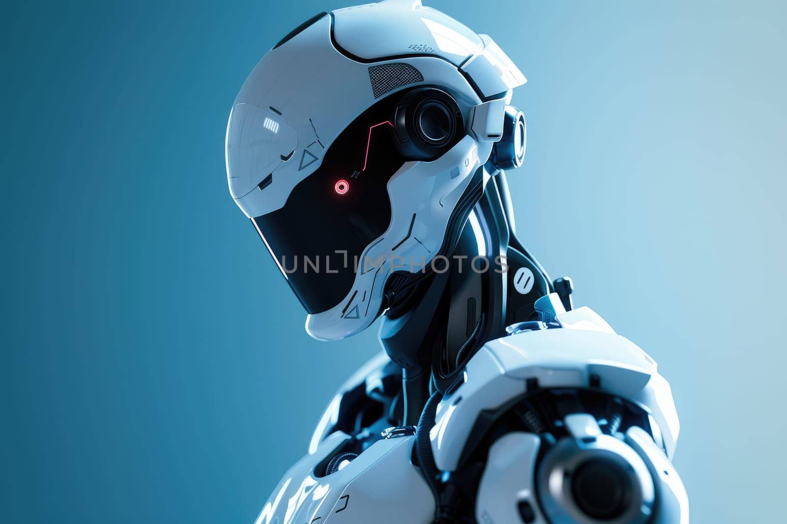 A robot with a red eye and a white helmet, Generative AI.