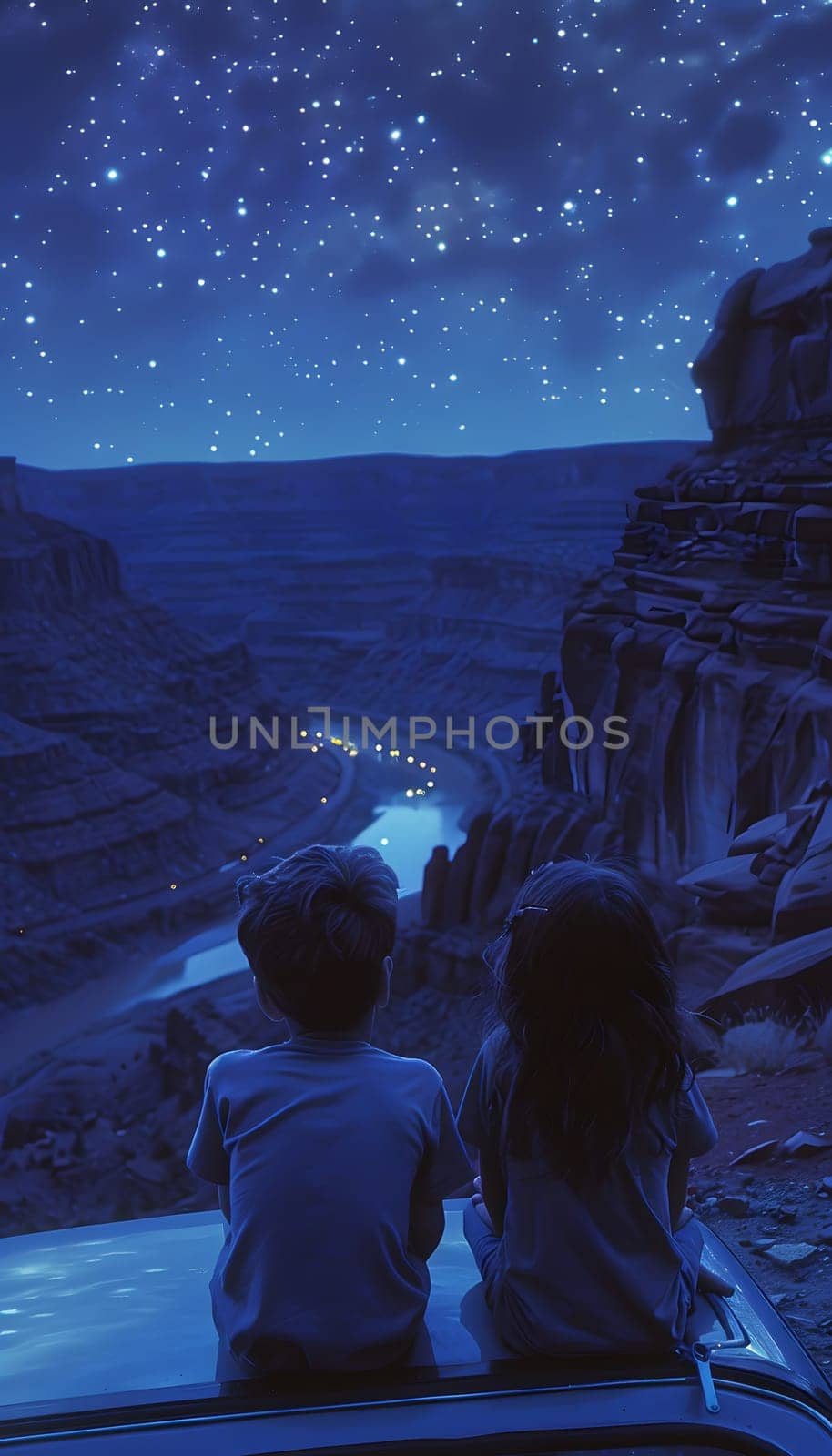 A boy and a girl are perched on the car rooftop gazing at the electric blue sky filled with stars and distant astronomical objects, surrounded by the natural landscape and peaceful atmosphere