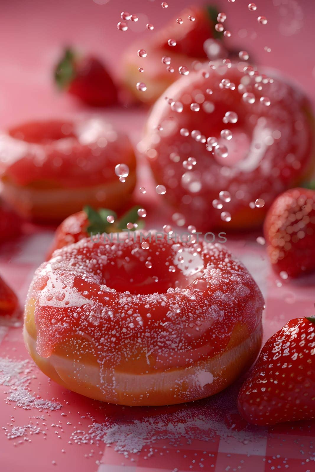 Delicious strawberry donuts with powdered sugar, topped with fresh strawberries by Nadtochiy