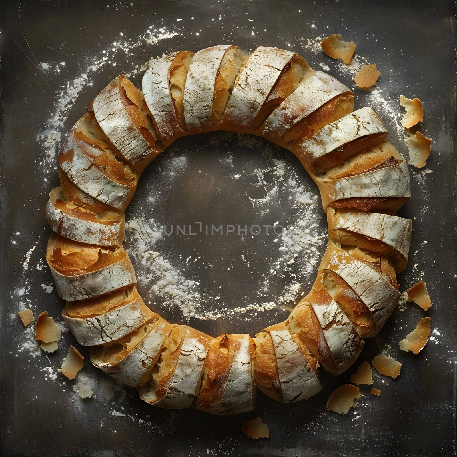 A culinary creation in the form of a bread wreath decorates a table, showcasing the intersection of cuisine and natural materials, resembling a circle like an automotive tire or fashion accessory