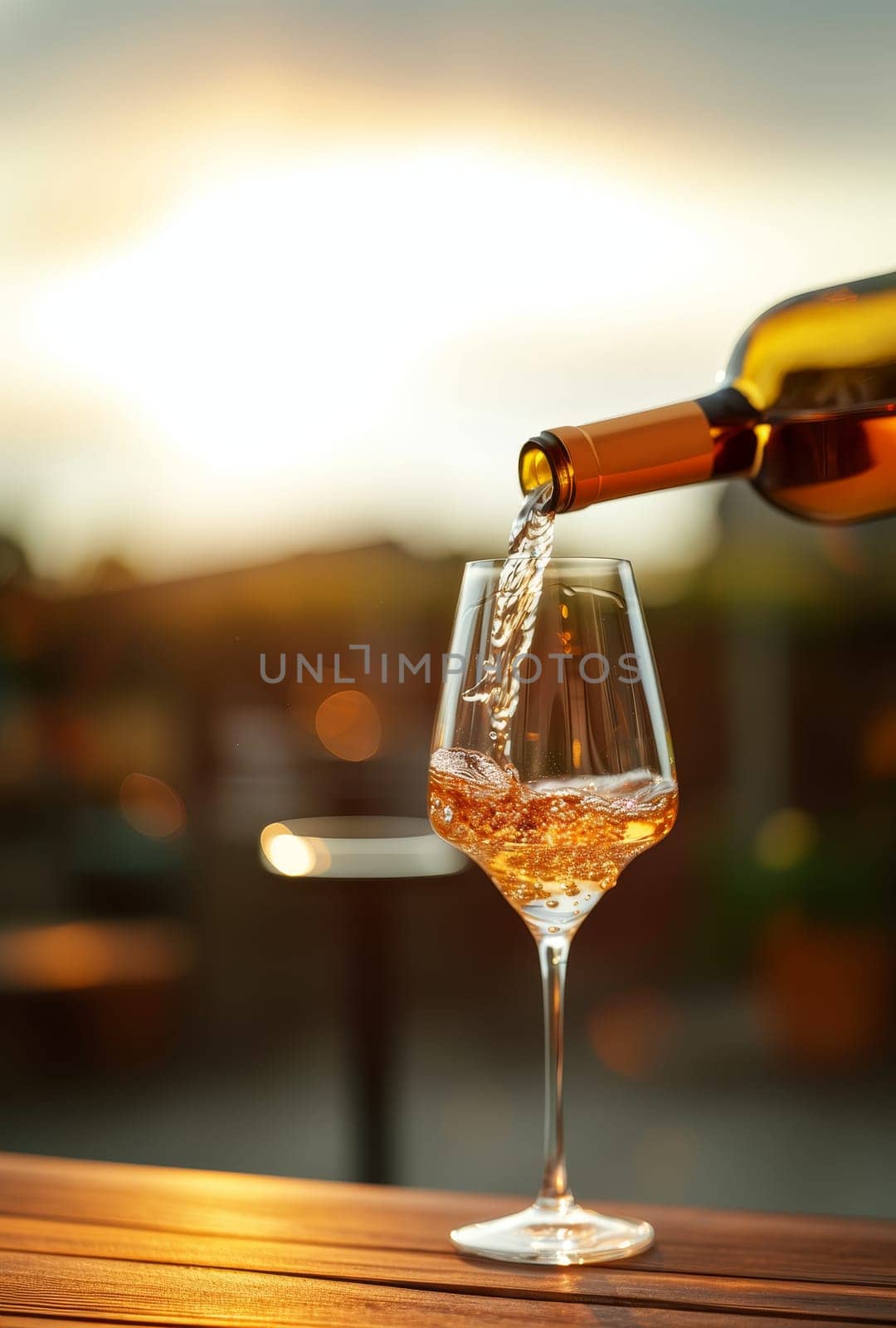 Wine pours into glass against the sunset backdrop