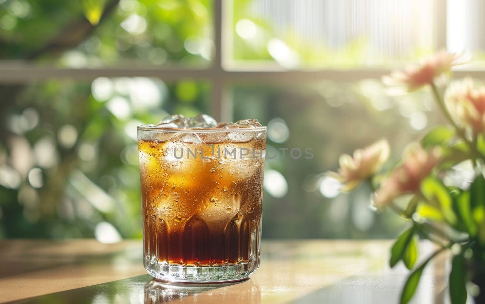 A refreshing glass of iced cola on a wooden table, with sunlight filtering through green foliage and blooming flowers