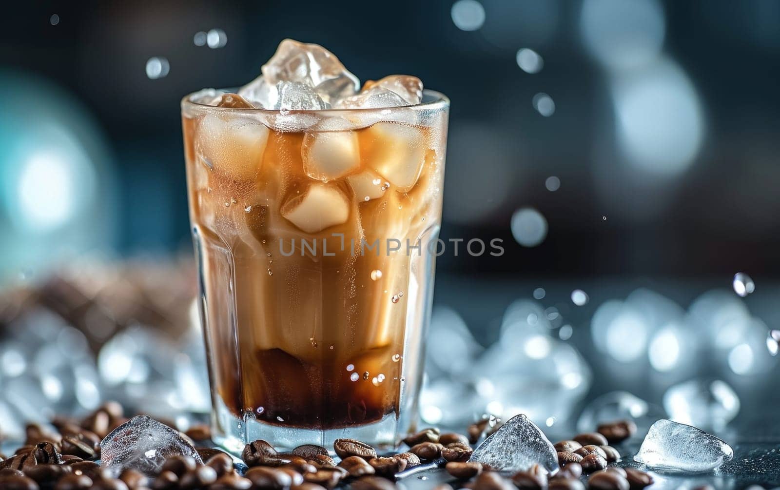 Chilled iced coffee in a clear glass amidst scattered coffee beans and ice cubes. Cold Brew - summer drinks