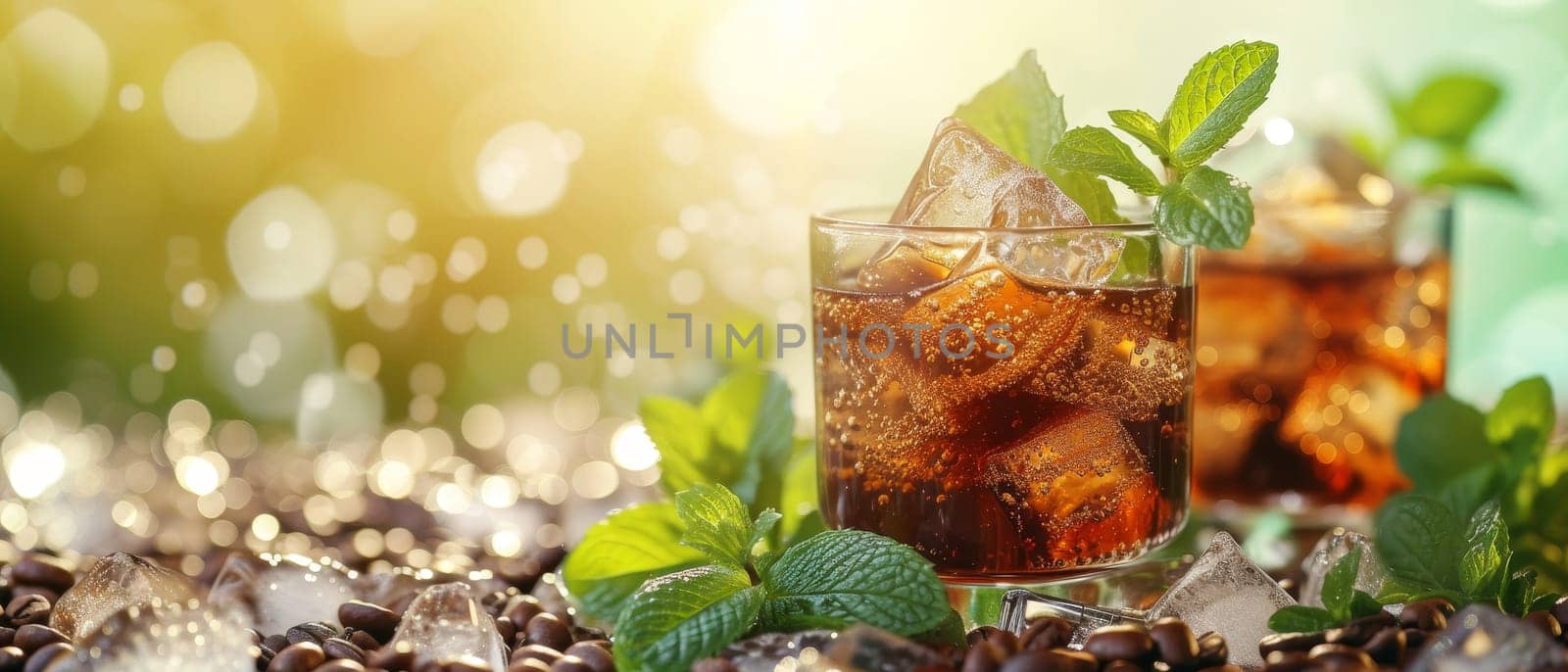 Sparkling iced coffee with fresh mint leaves and ice cubes with copy space