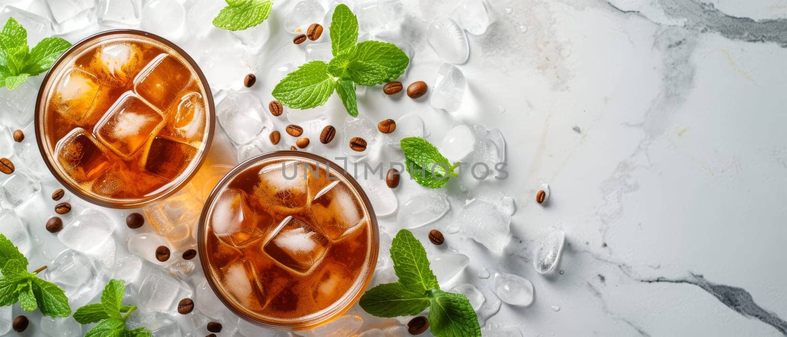 Cold black coffee with ice cubes and mint leaves on a white background. Cold brew - summer drinks
