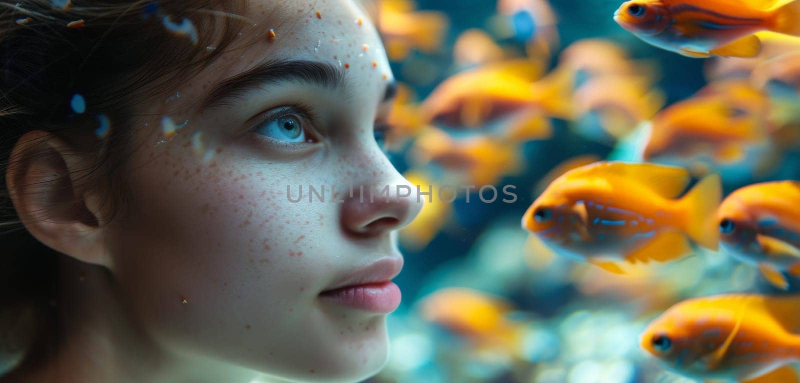 A girl observing colorful fish in a vibrant underwater scene. The image is lively, showcasing the beauty of marine life. by sfinks