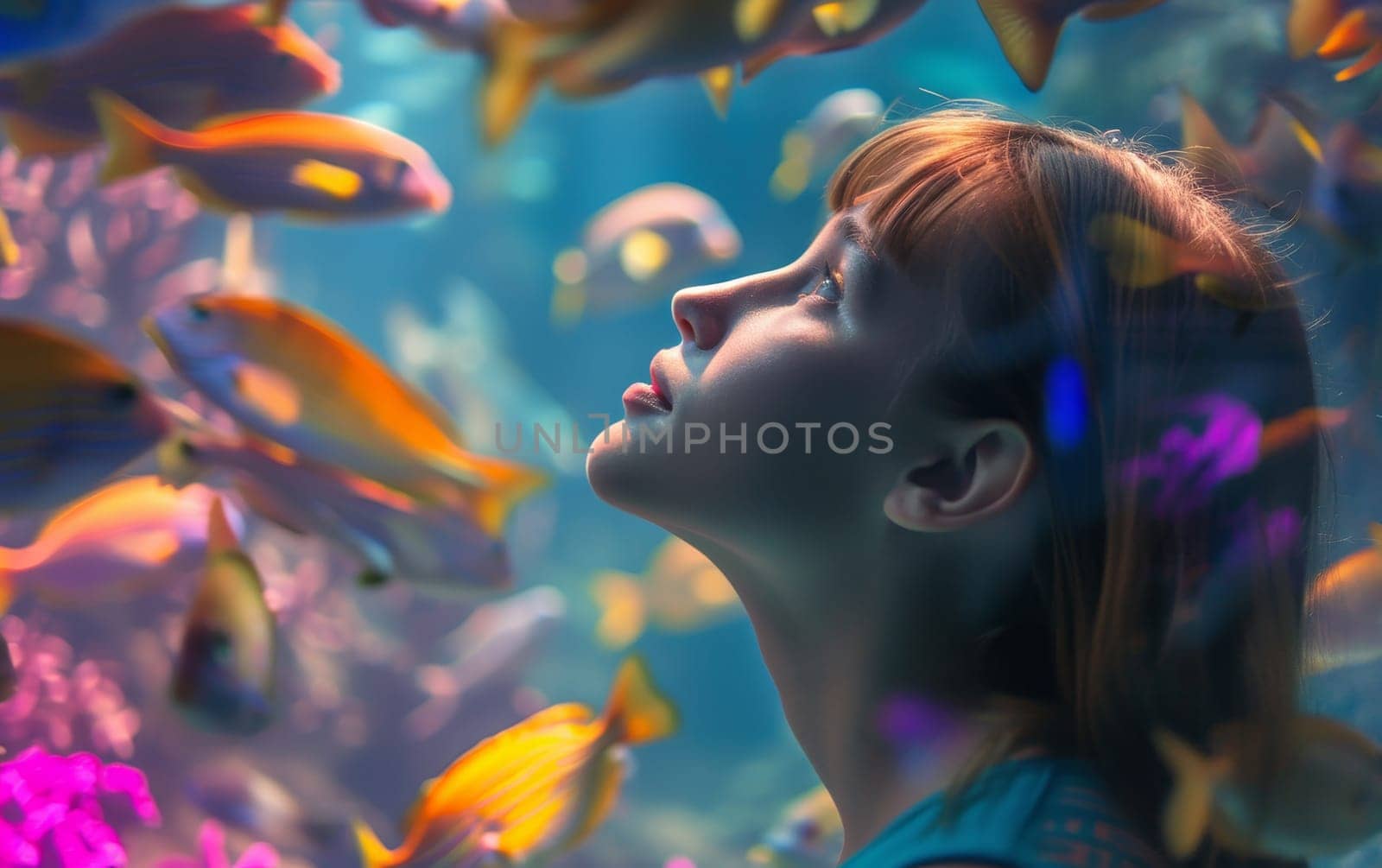 A girl observing colorful fish and corals in an underwater, dreamlike aquarium setting