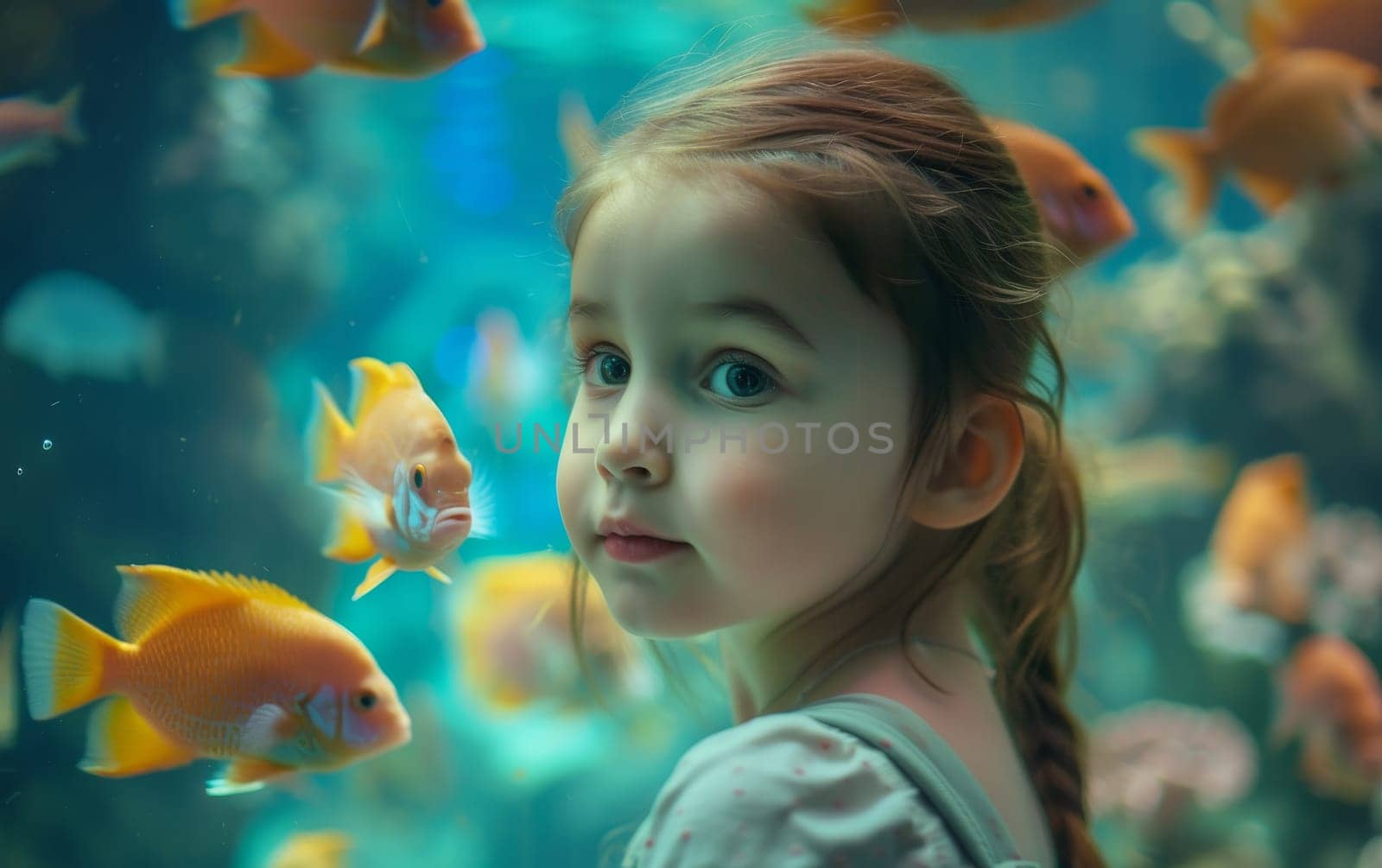 A child girl observing colorful fish and corals in an underwater, dreamlike aquarium setting