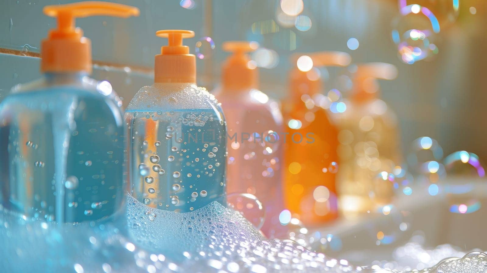 Colorful soap dispensers amidst bubbles and bokeh, illuminated by sunlight