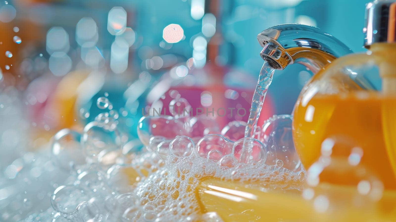 Colorful soap dispensers amidst bubbles and bokeh, illuminated by sunlight