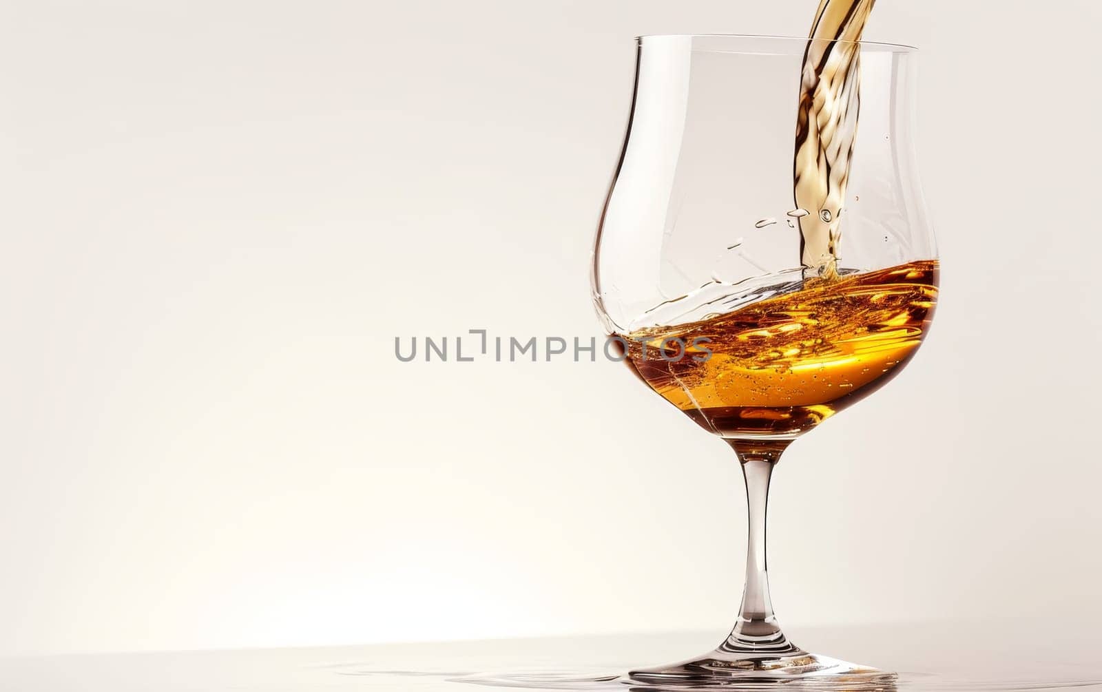 Golden alcohol liquid elegantly pouring into a wine glass against a soft, light background