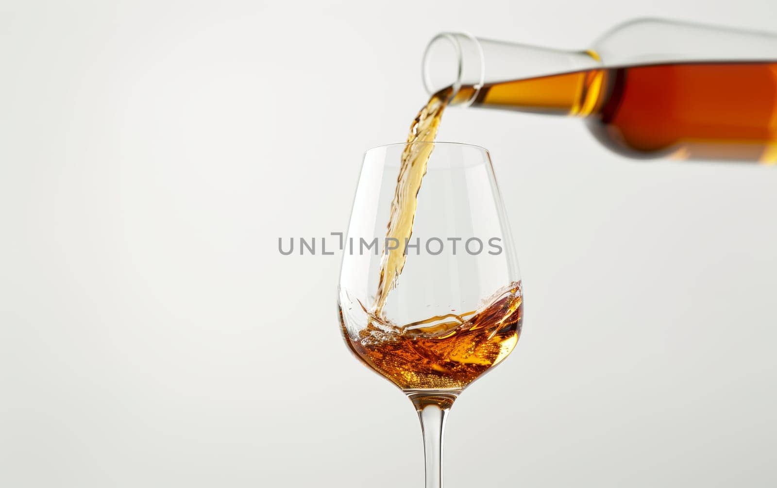 Golden alcohol liquid elegantly pouring into a wine glass against a soft, light background