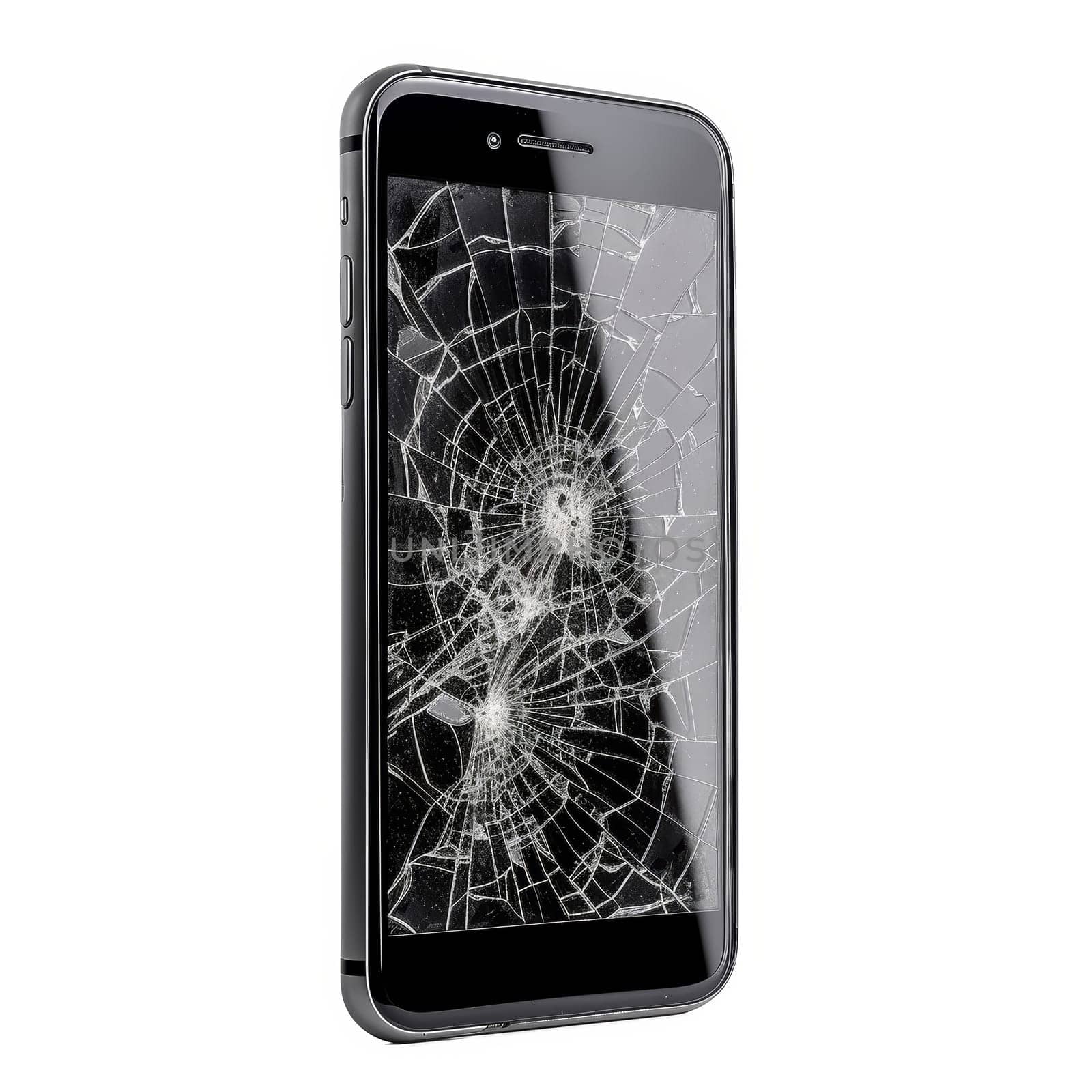 Smartphone with a severely cracked screen, displaying intricate patterns of damage isolated on white background. by sfinks