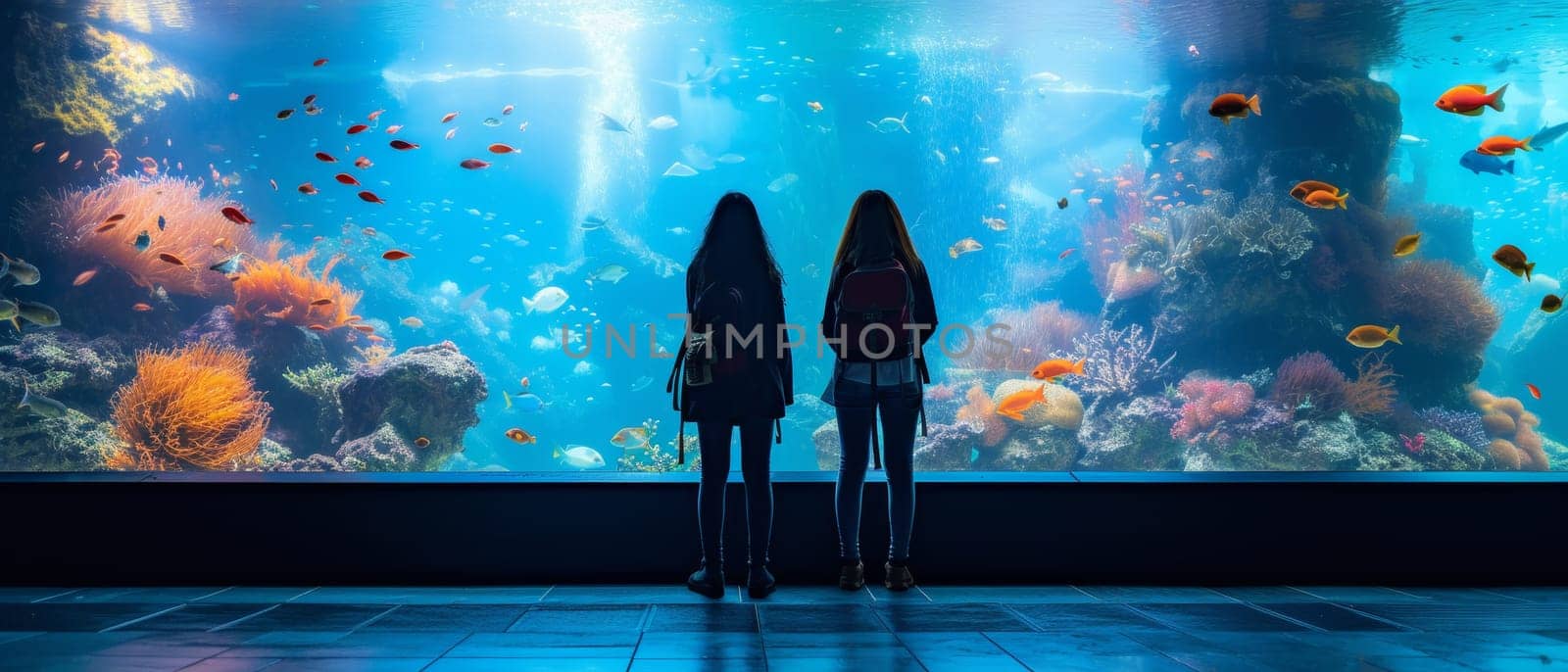 Two people observing a vibrant, colorful underwater scene at an aquarium