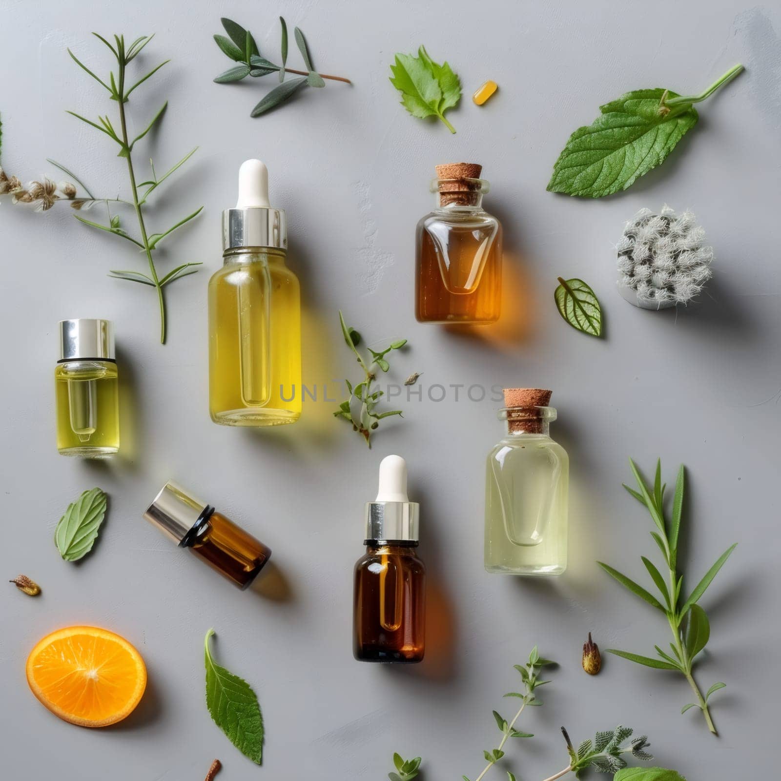 Six glass jars with aromatic oils, medicinal flowers, a slice of orange and branches of rosemary lie on a gray background, flat lay close-up.