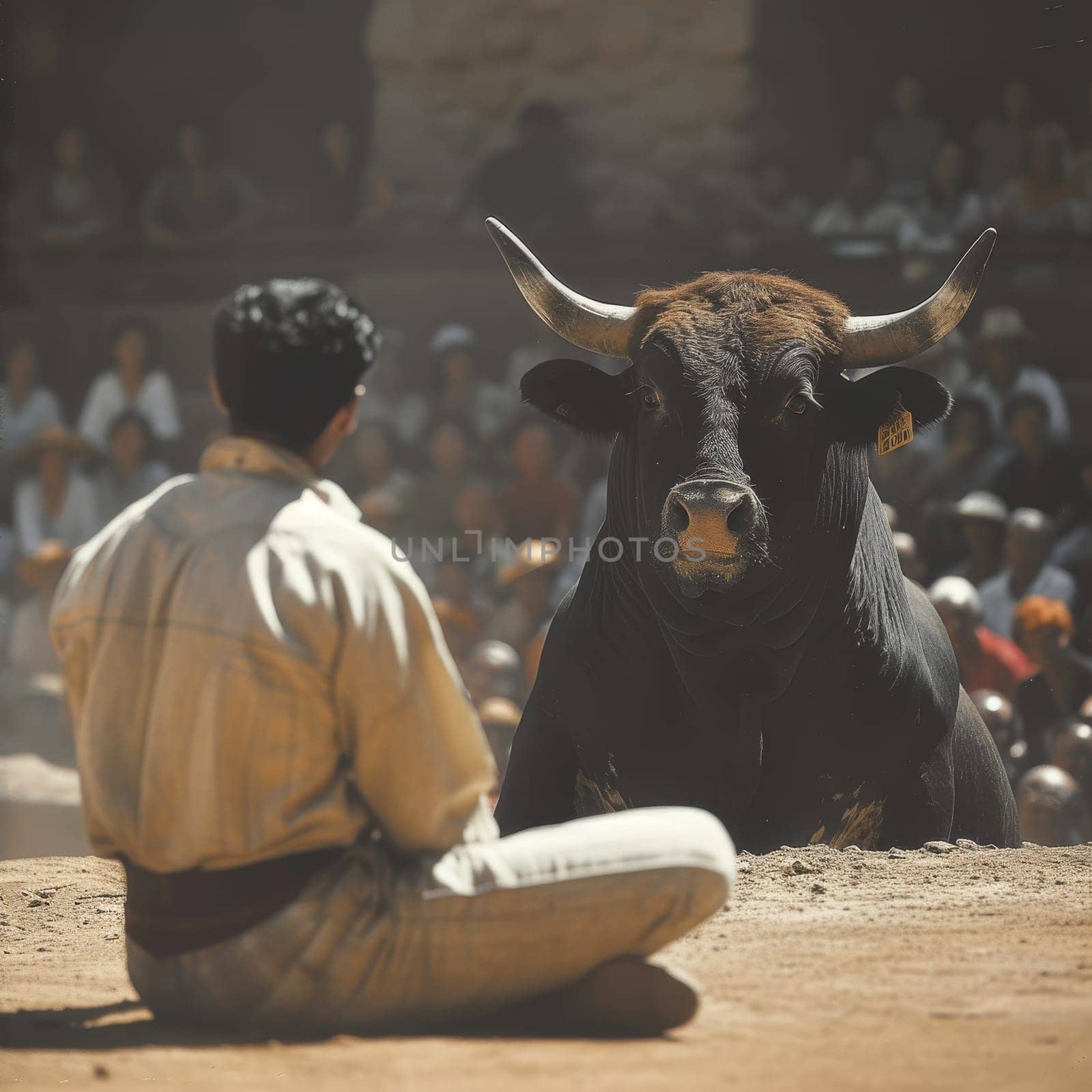 A matador in a decorative costume sits beside a resting bull, evoking a moment of calm