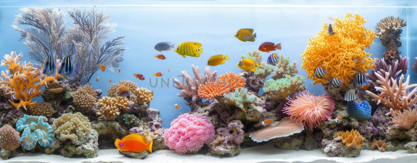 Vibrant underwater scene with colorful corals and tropical fish in a clear aquarium