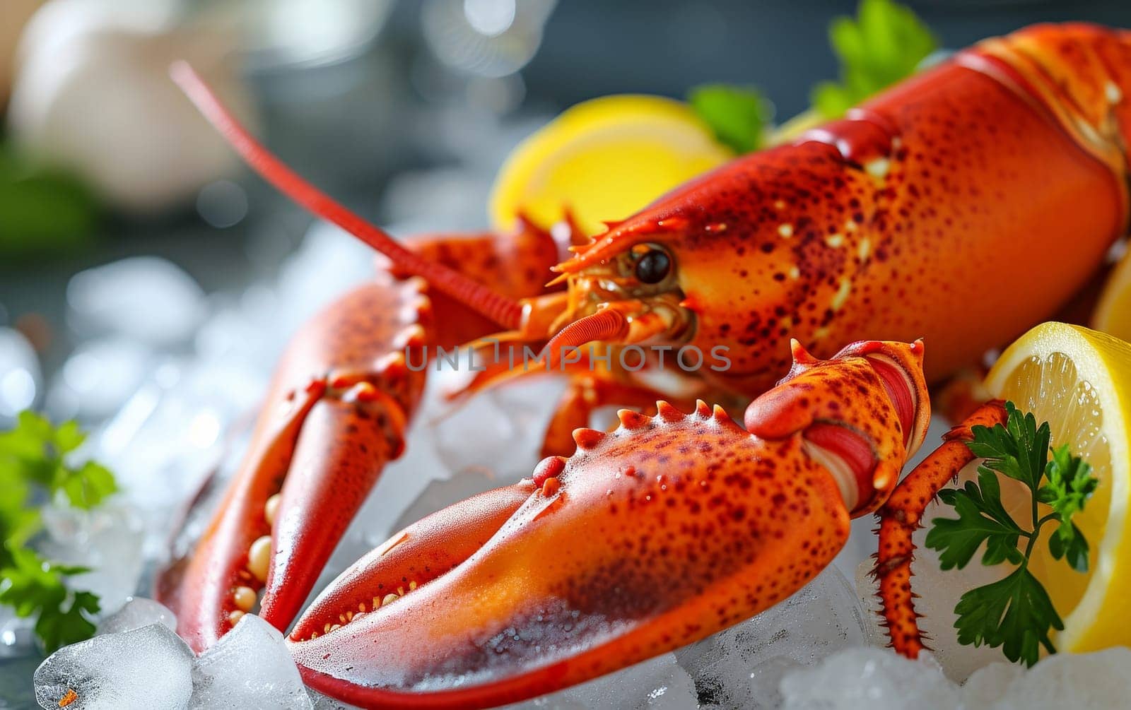 Fresh lobster on ice with lemon and herbs, seafood close-up, vibrant colors, culinary luxury