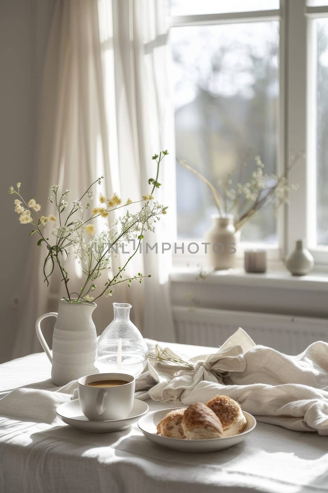 A homey breakfast table with a warm cup of coffee, fresh pastries, and a vase of spring flowers by a bright window