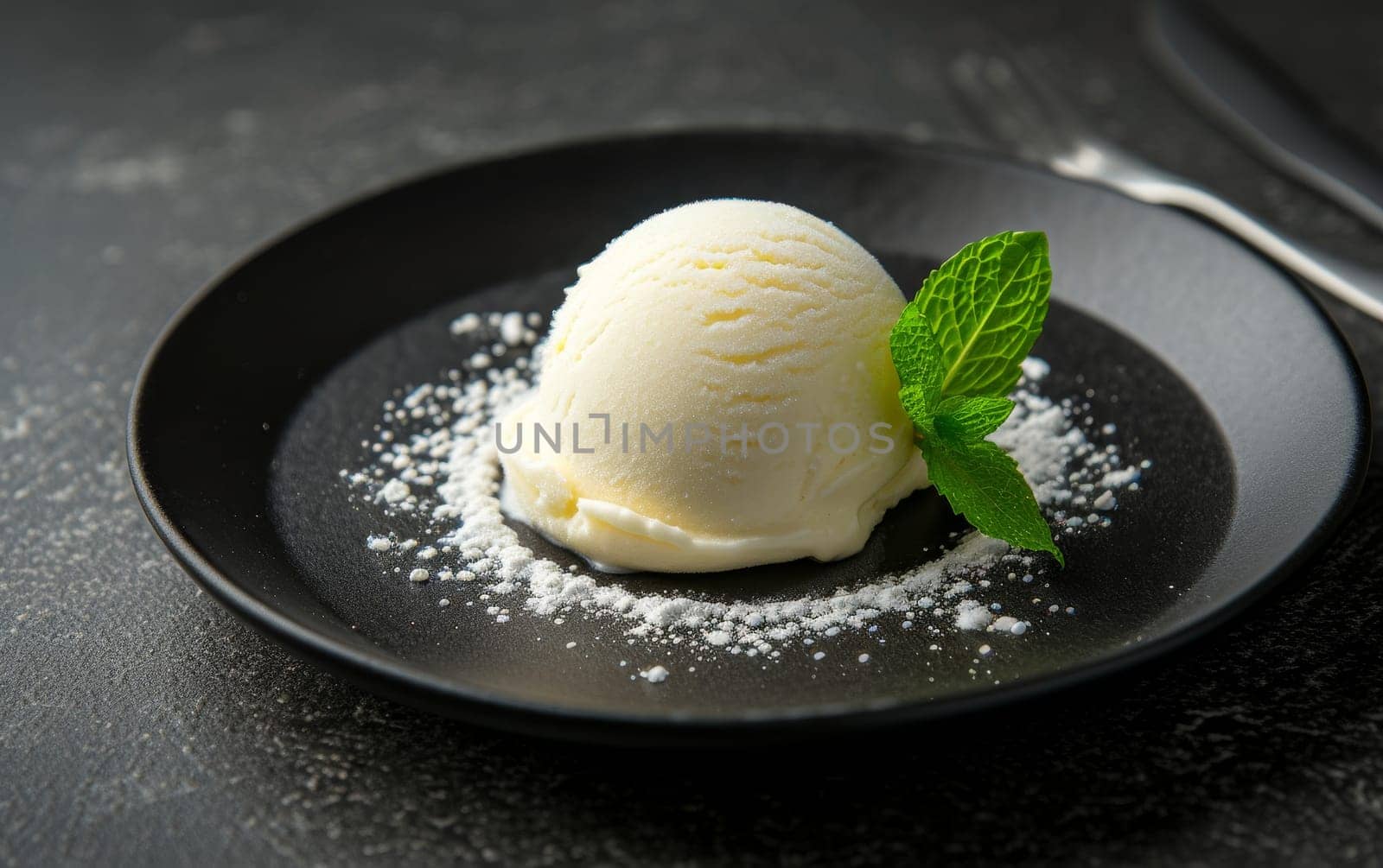 Perfect scoop of vanilla ice cream with a mint leaf on a dark plate
