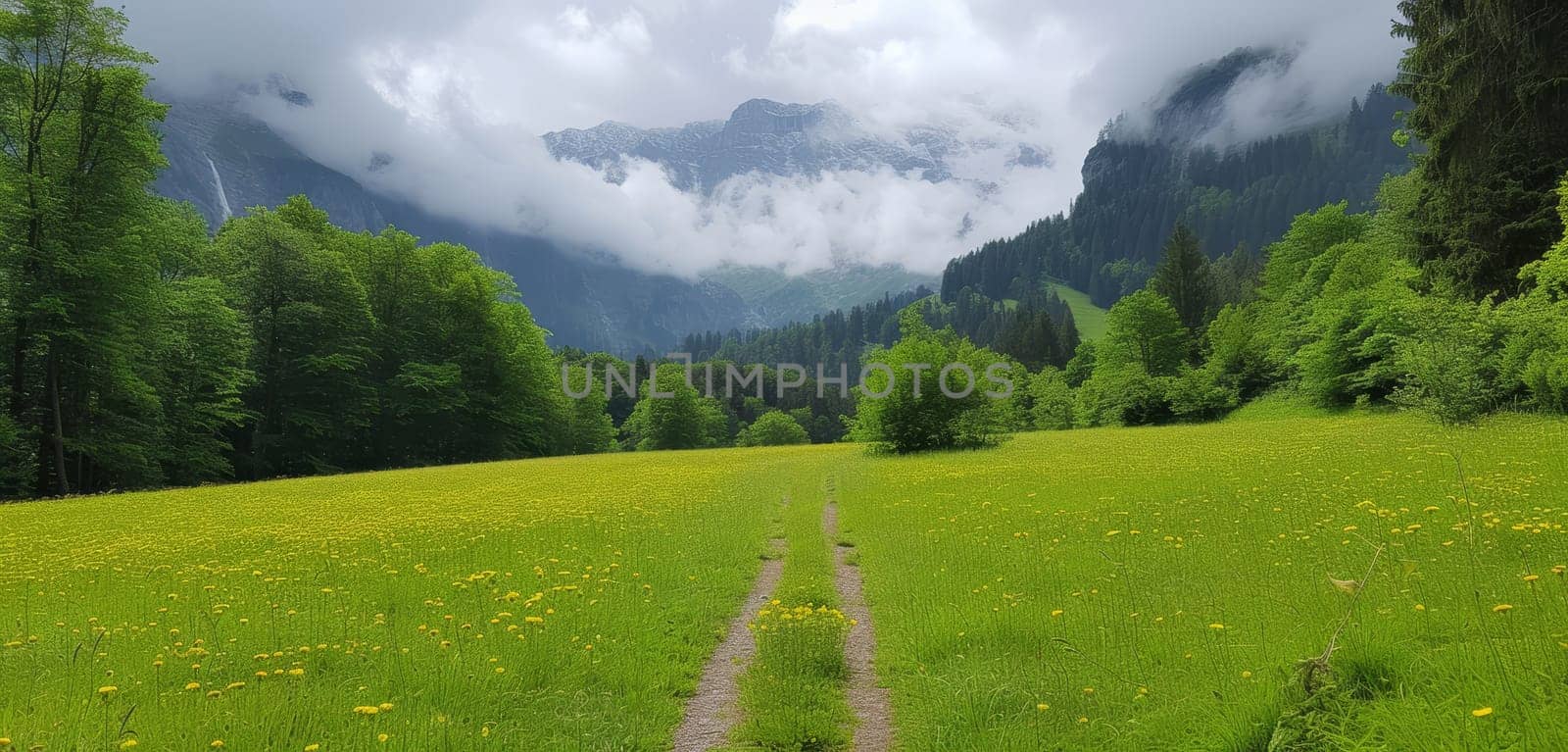 Serene path through a lush green valley with towering mountains in the background. by sfinks