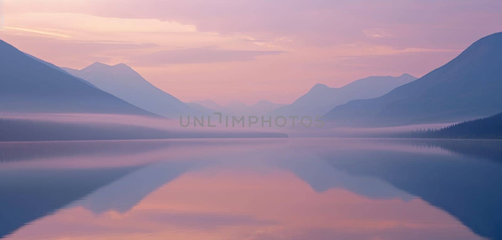 Stunning sunset over a calm lake reflecting vibrant hues of pink and orange mountains. by sfinks