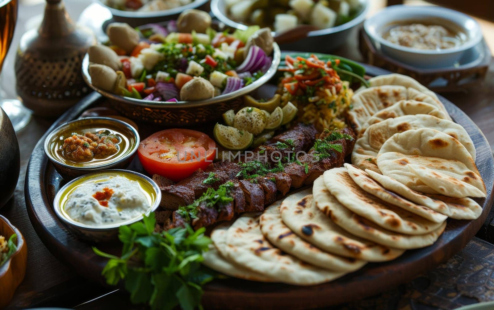 Richly decorated platter of Middle Eastern cuisine featuring kebabs, fresh salads, and an array of dips and bread