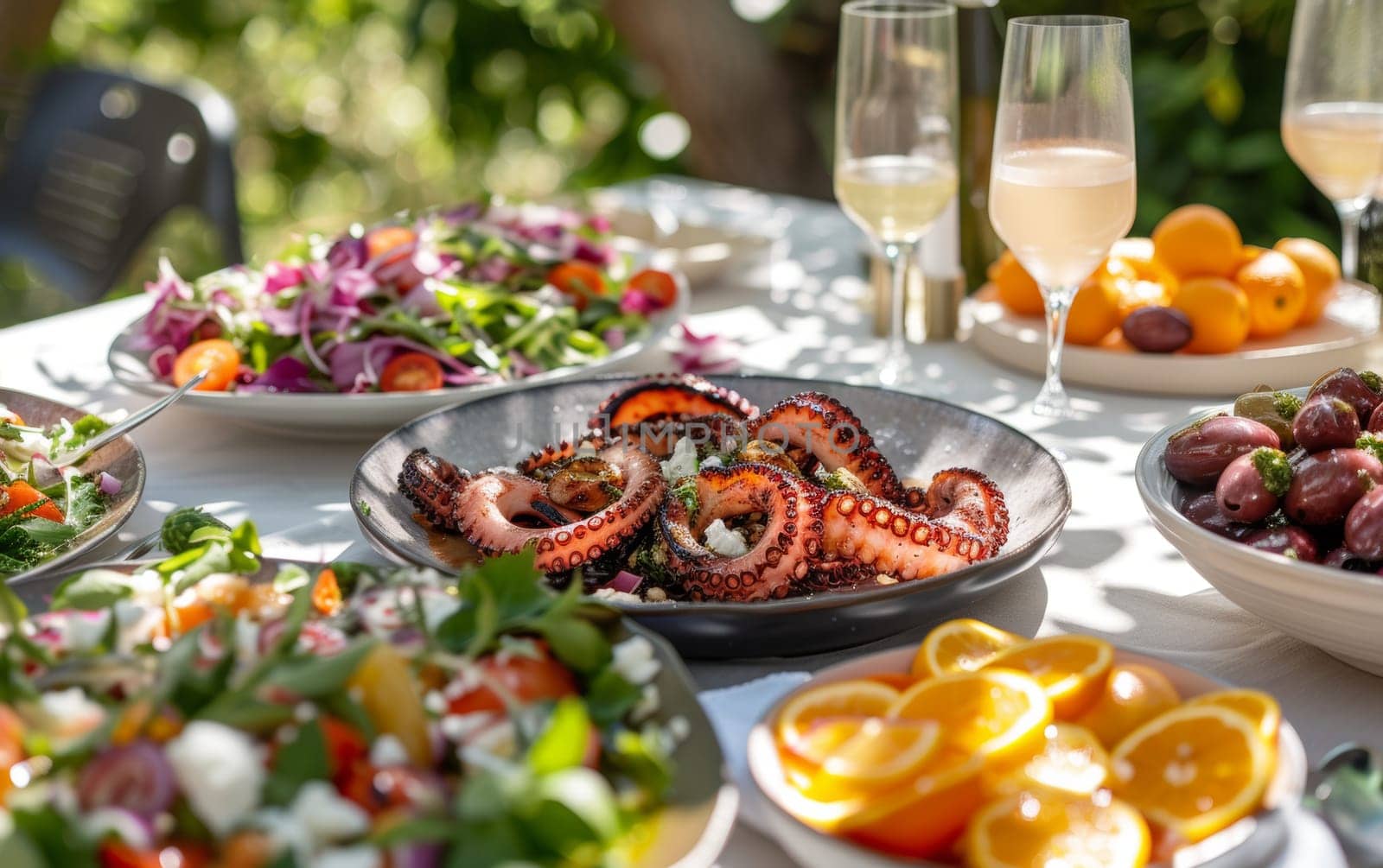Sun-kissed Mediterranean feast featuring grilled octopus garnished with parsley, served with a colorful array of sides