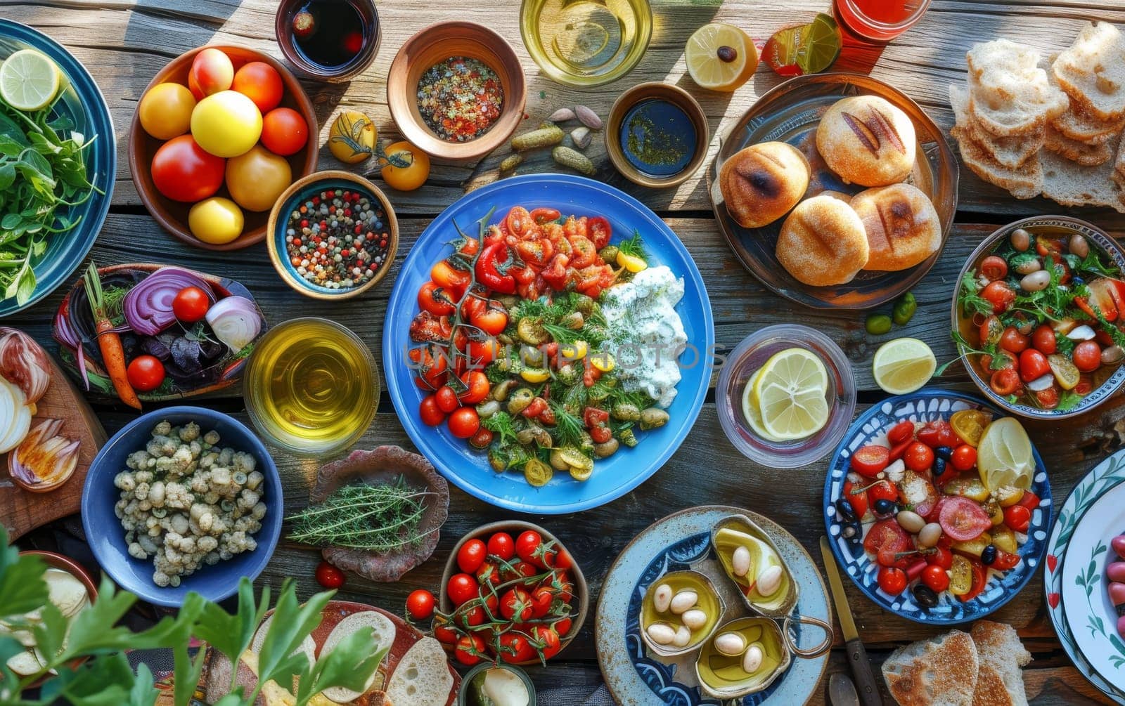 An overhead view of a garden-fresh tomato salad, featuring a colorful medley of heirloom tomatoes, on a rustic wooden table