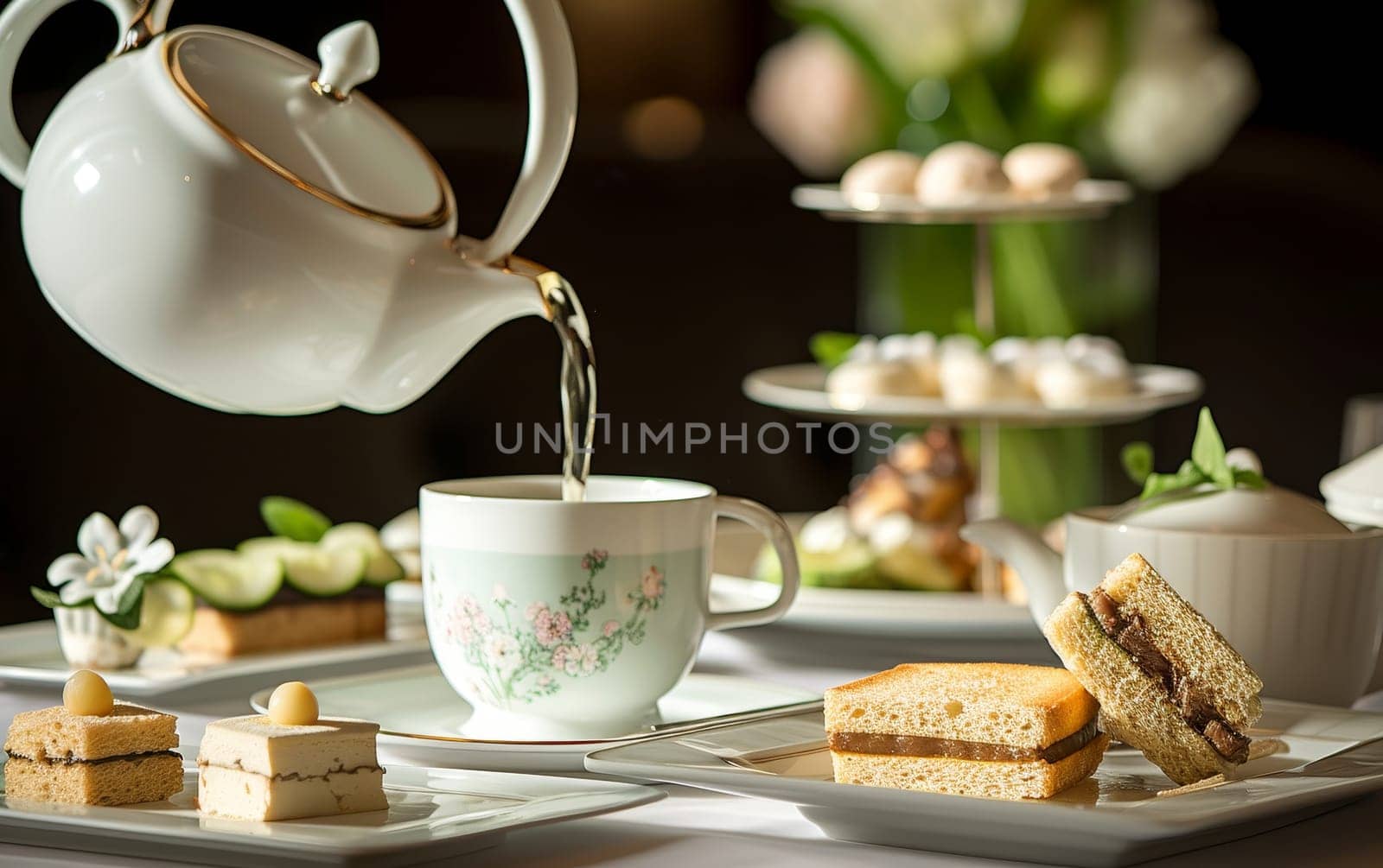 An elegant afternoon tea set with pastries and pouring tea, perfect for a sophisticated break