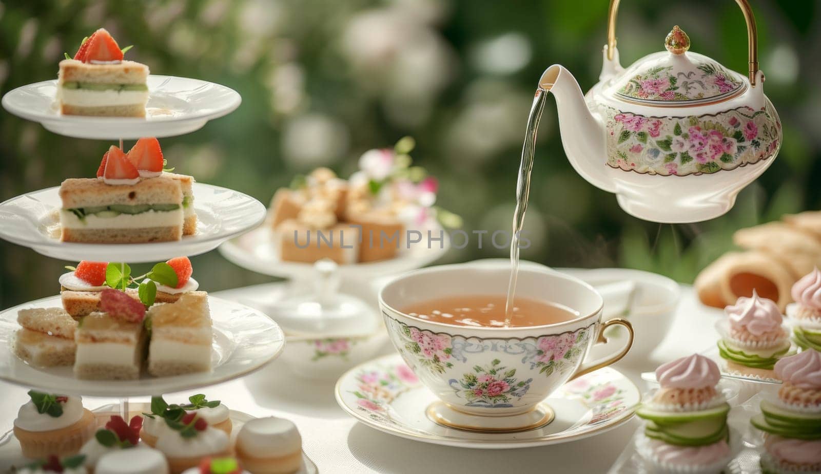 Graceful tea party with fine china, featuring tea pouring and an array of elegant finger foods, against a backdrop of greenery