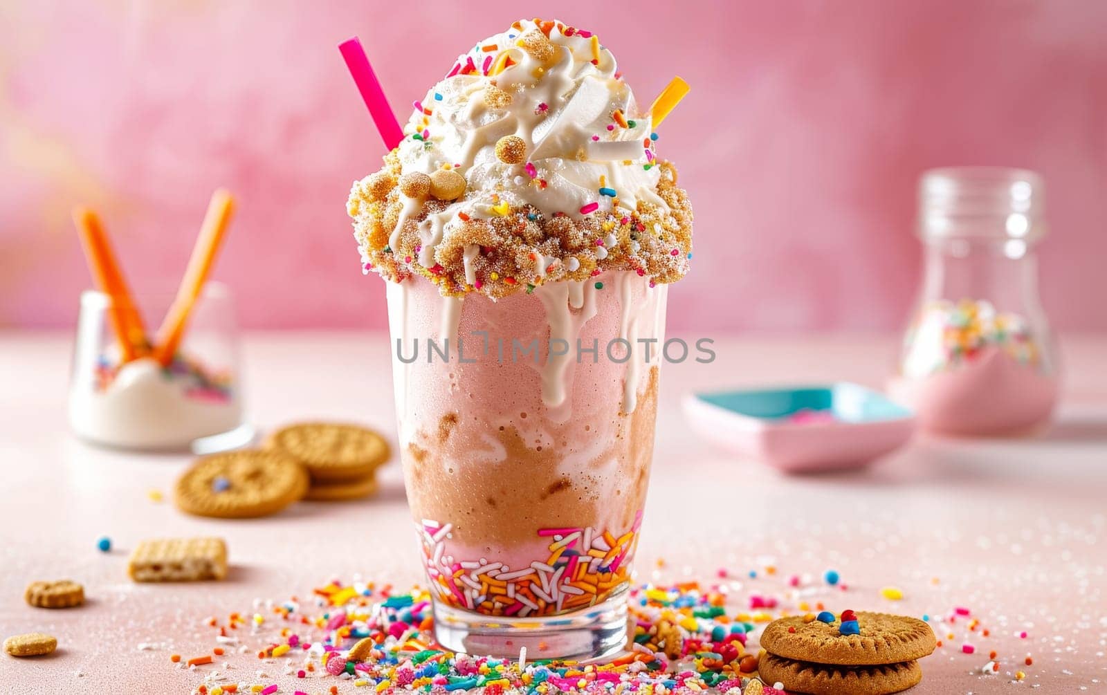 Over-the-top milkshake with a carnival twist, complete with a cheerful explosion of candy and cookies