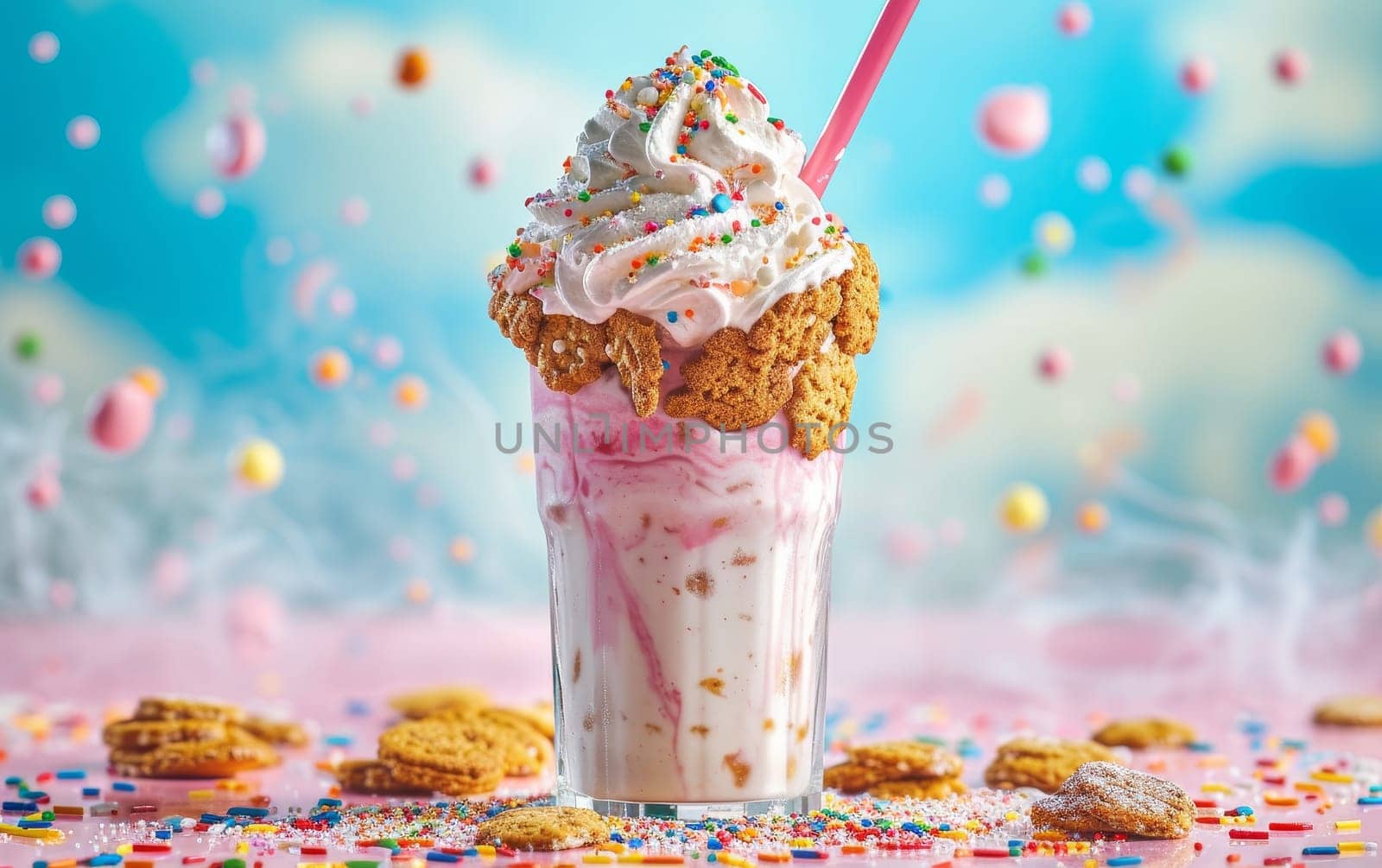 Extravagant milkshake topped with cookies and whipped cream, amidst a sprinkle explosion