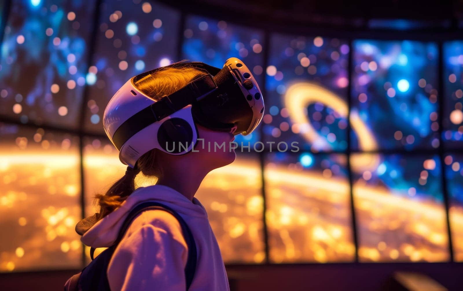 Kid in a VR workshop exploring the wonders of space, simulating a journey through the cosmos