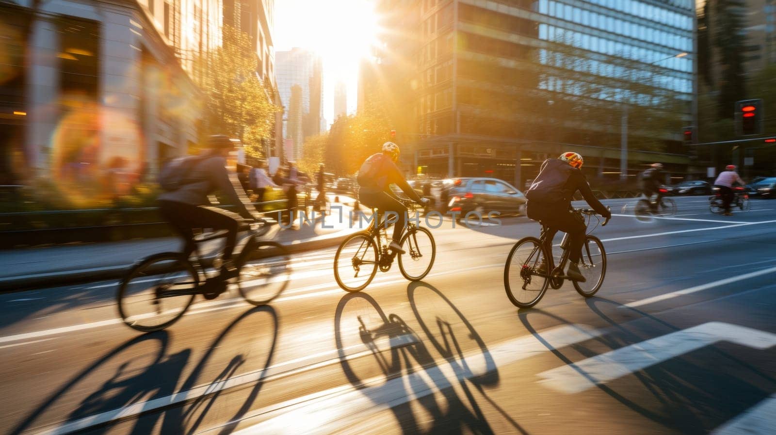 Commuters riding bicycles on an urban road bathed in warm sunset light