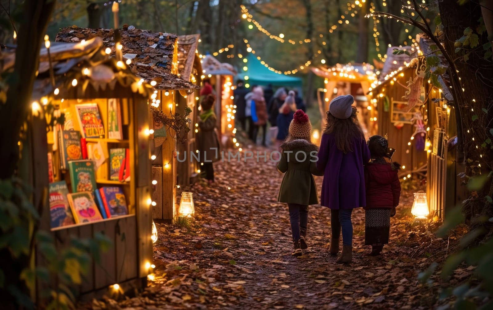 Charming night view of a festive market alley with lights and shoppers