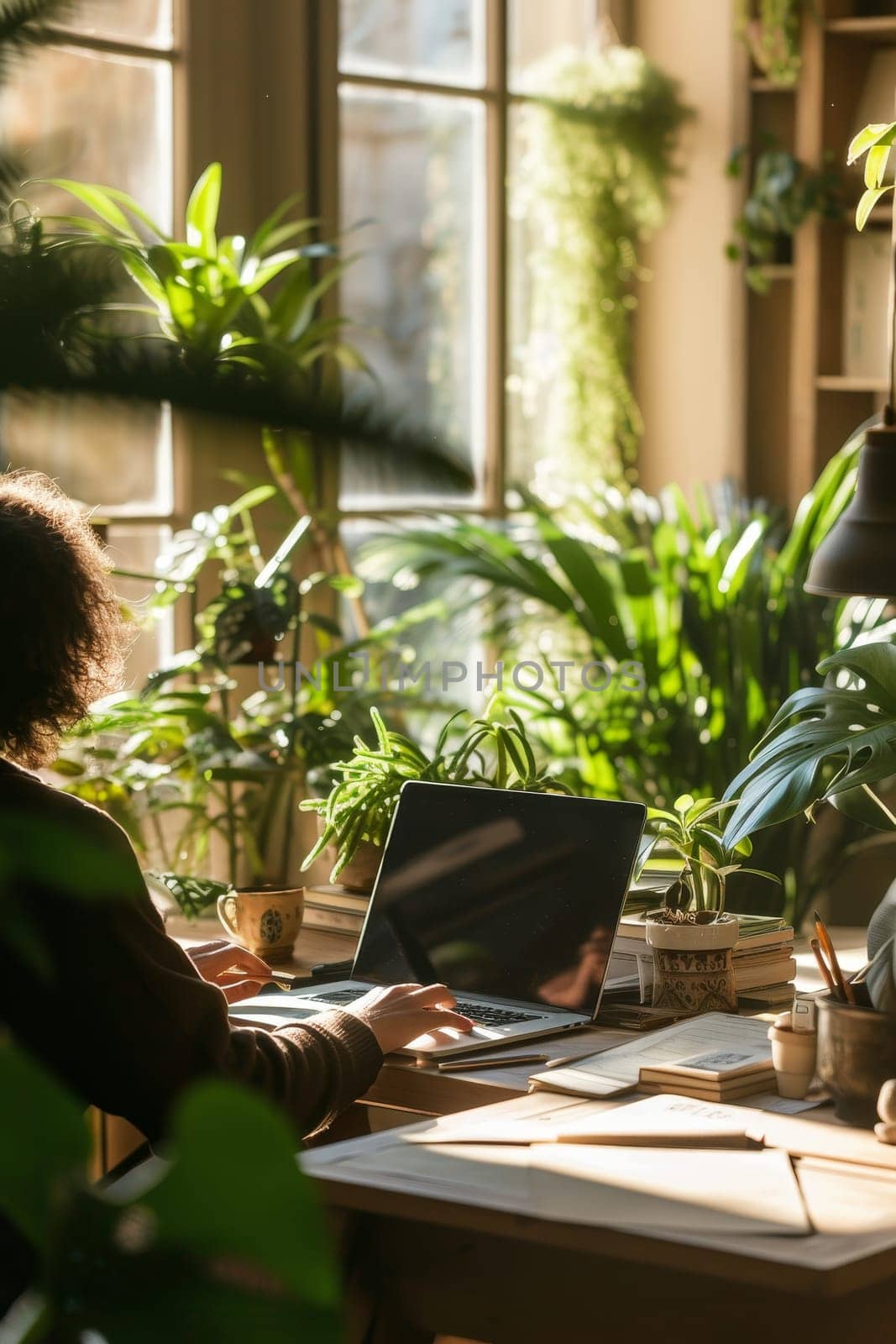 Person working peacefully on a laptop in a home office surrounded by lush houseplants