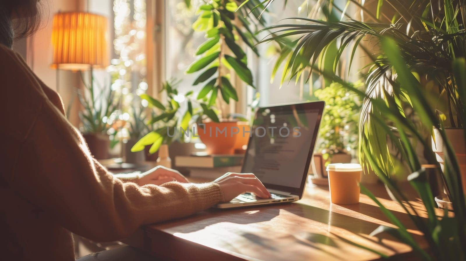 Serene corner of a home office with laptop and soft light filtering through plants