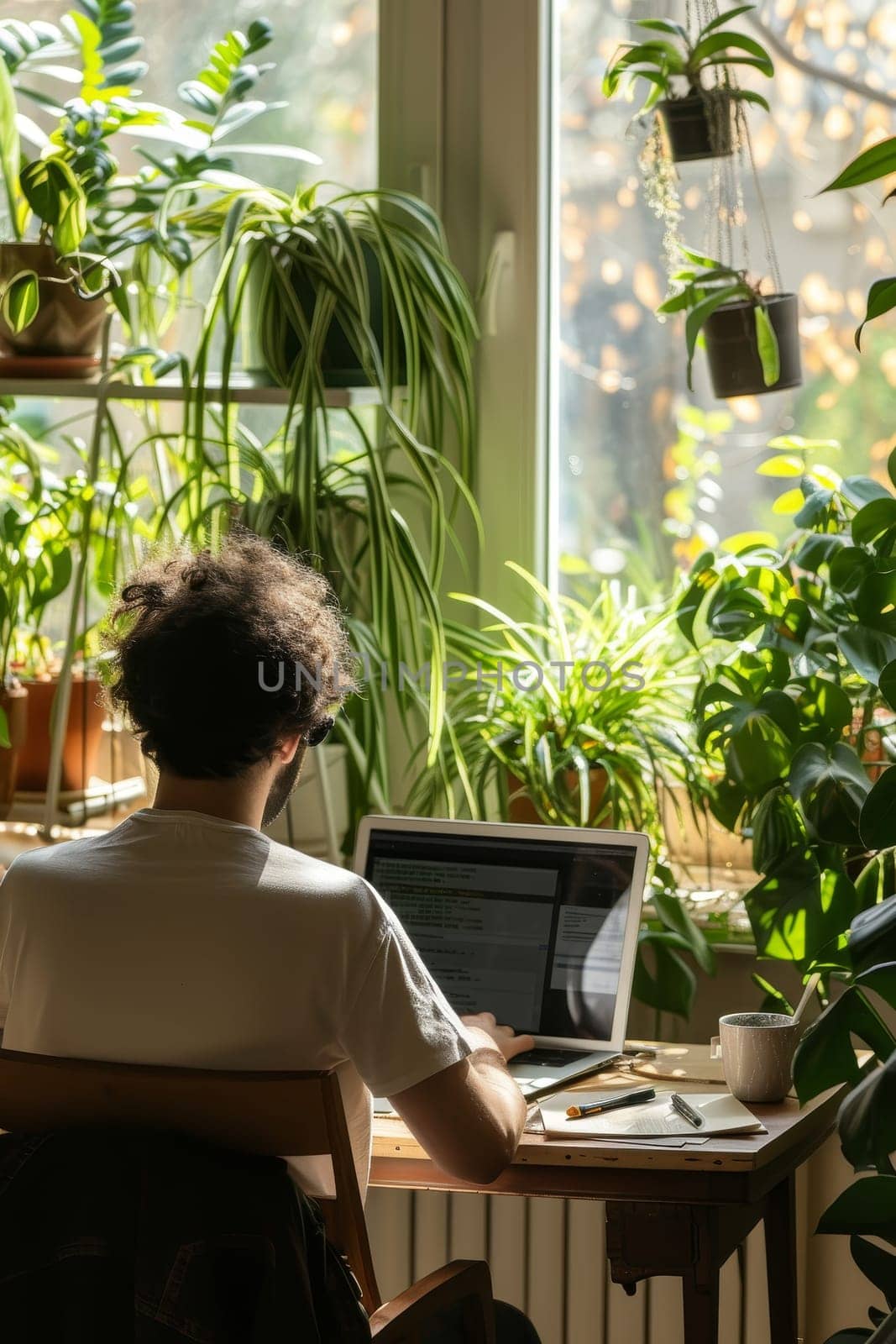 A focused individual works in a sunlit home office surrounded by an abundance of lush houseplants, creating a vibrant work environment