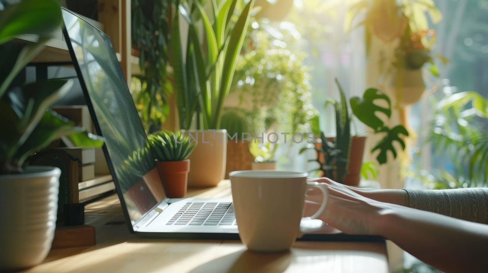 A comfortable home office corner, bathed in natural light, showcases a variety of potted plants creating a peaceful working environment