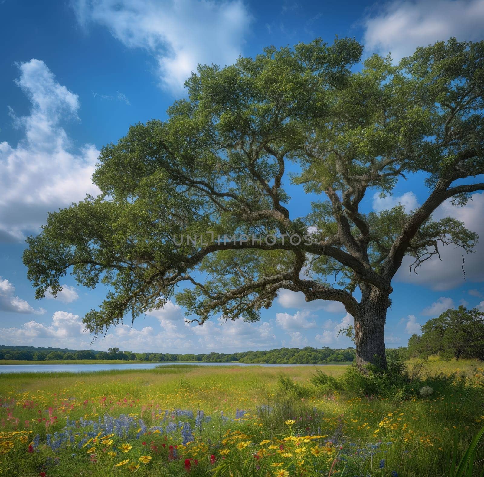 Majestic oak tree stands over a colorful wildflower meadow by a serene lake, exemplifying natural splendor