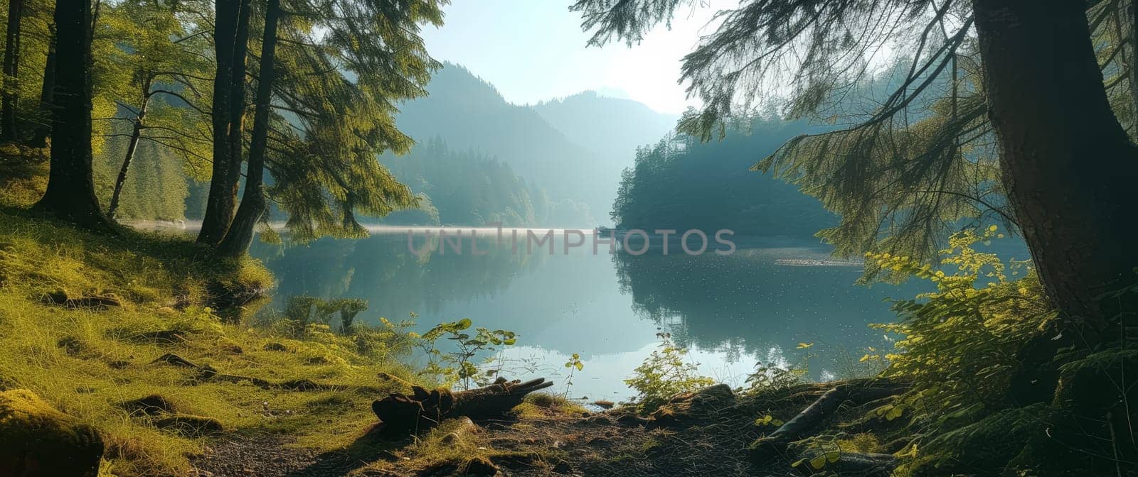 Calm lake reflecting the serene beauty of a mountain landscape and lush forests in a tranquil morning setting