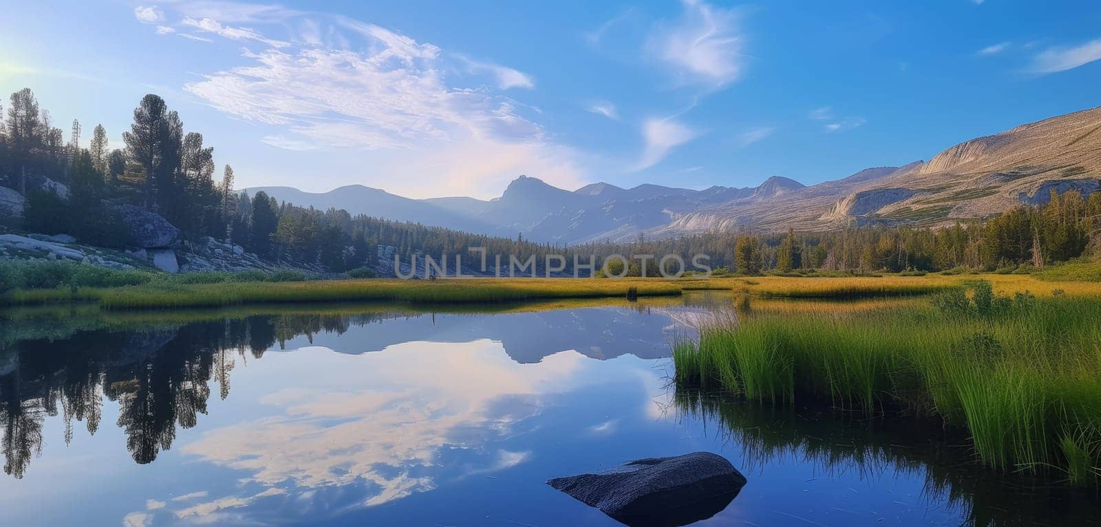 Clear alpine lake reflects a stunning mountain range, surrounded by vibrant greenery under a blue sky. by sfinks