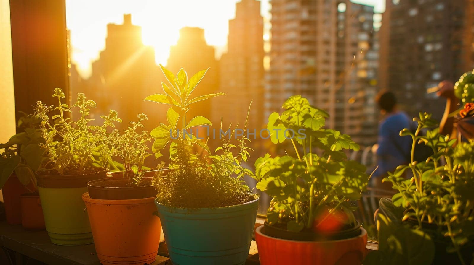 Sunset over a city balcony garden, highlighting a lush collection of potted plants and the silhouette of an urban gardener