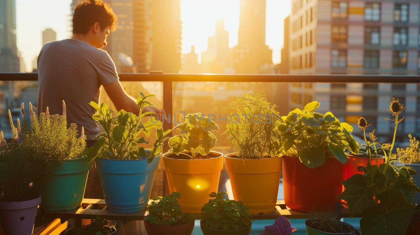 A person enjoys gardening on their city balcony during sunset, surrounded by an array of plants against an urban backdrop