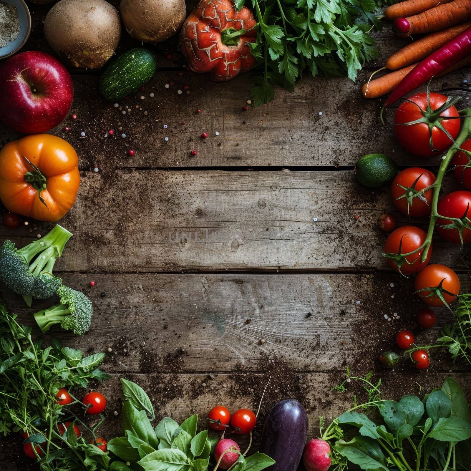 Assortment of fresh vegetables and fruits on rustic wooden background from above