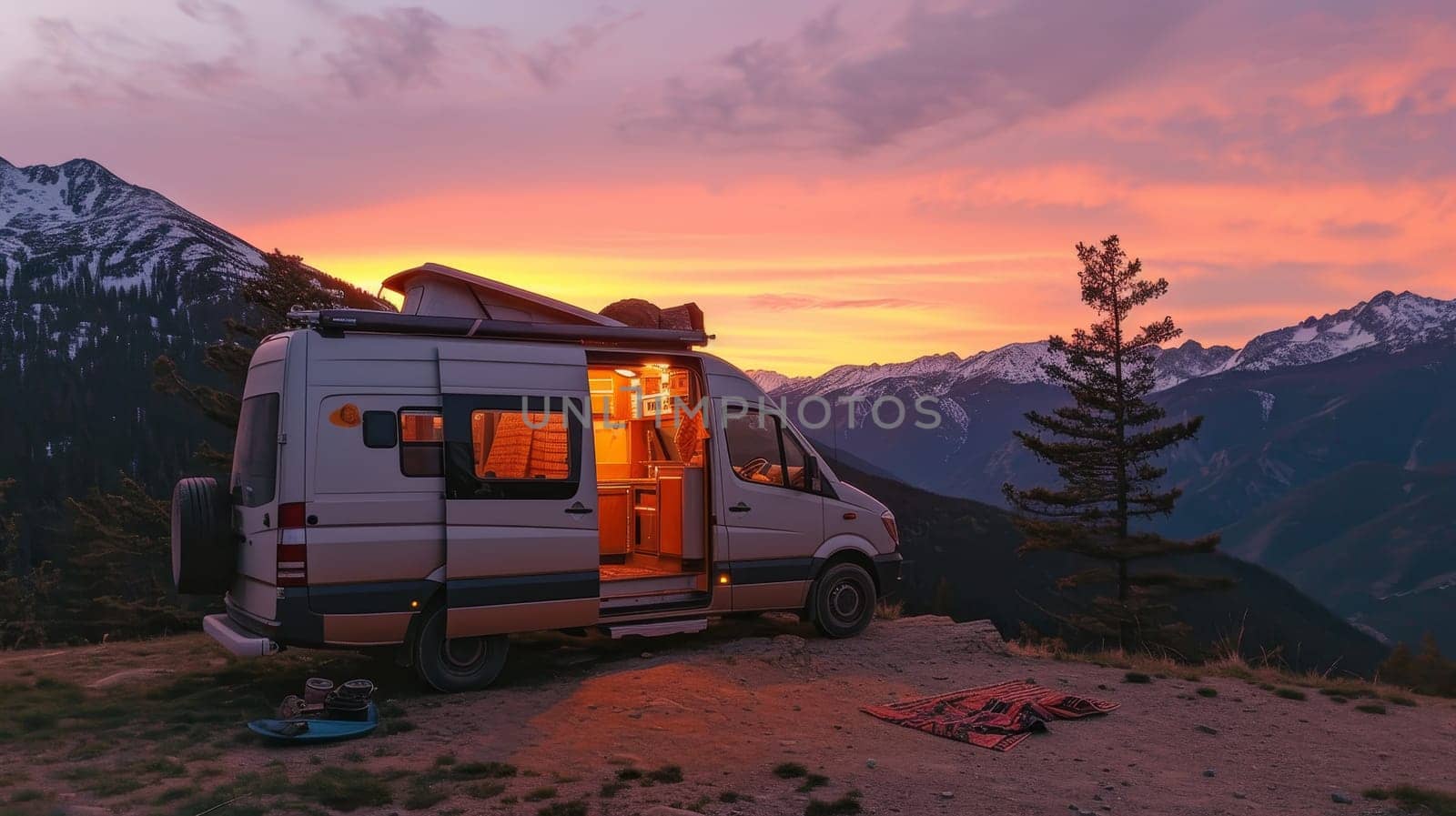 Solitary camper van parked on a serene mountain peak at twilight