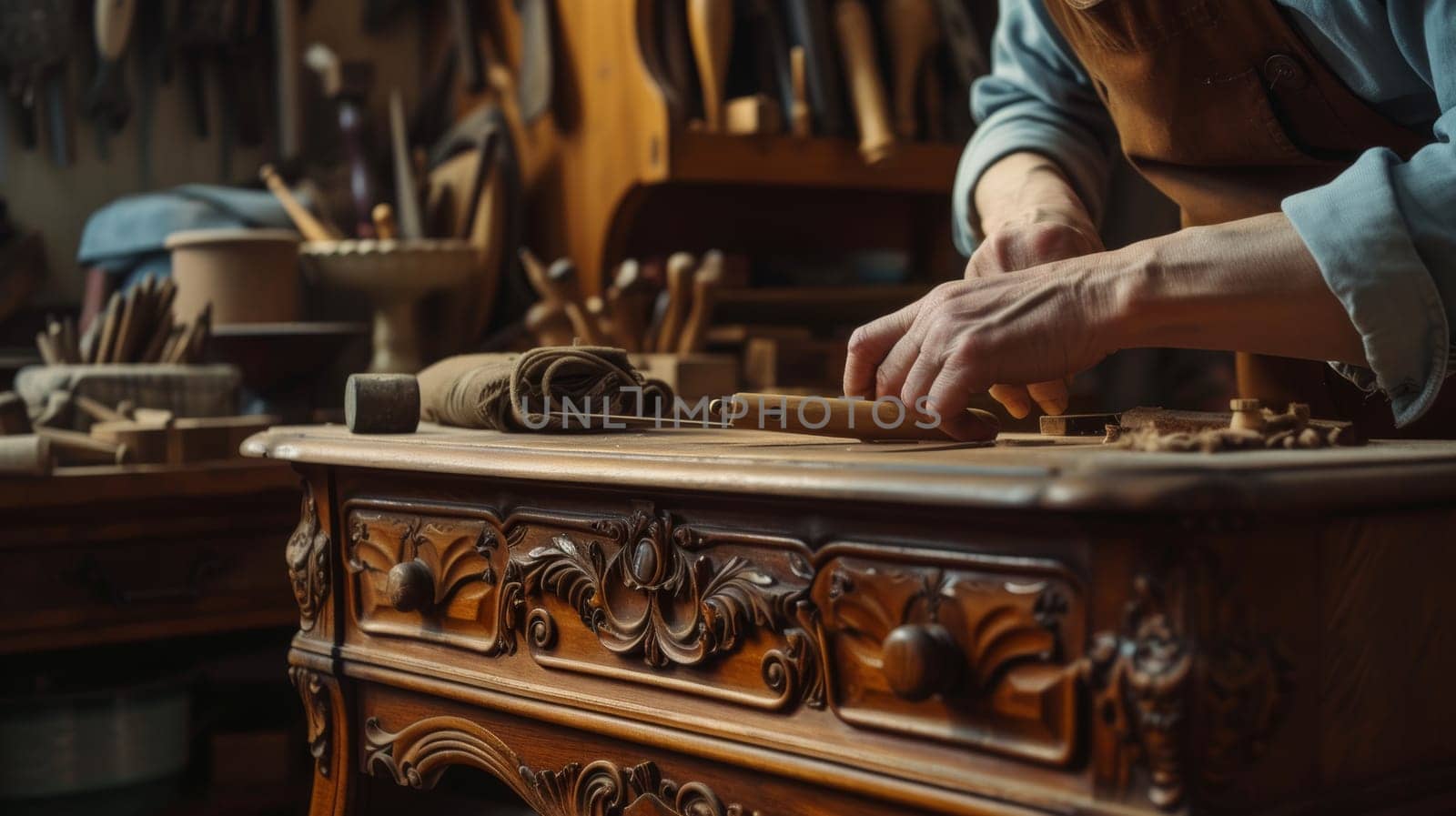 Craftsman meticulously sanding wood an old vintage nightstand or chest of drawers, surrounded by tools. Furniture restoration