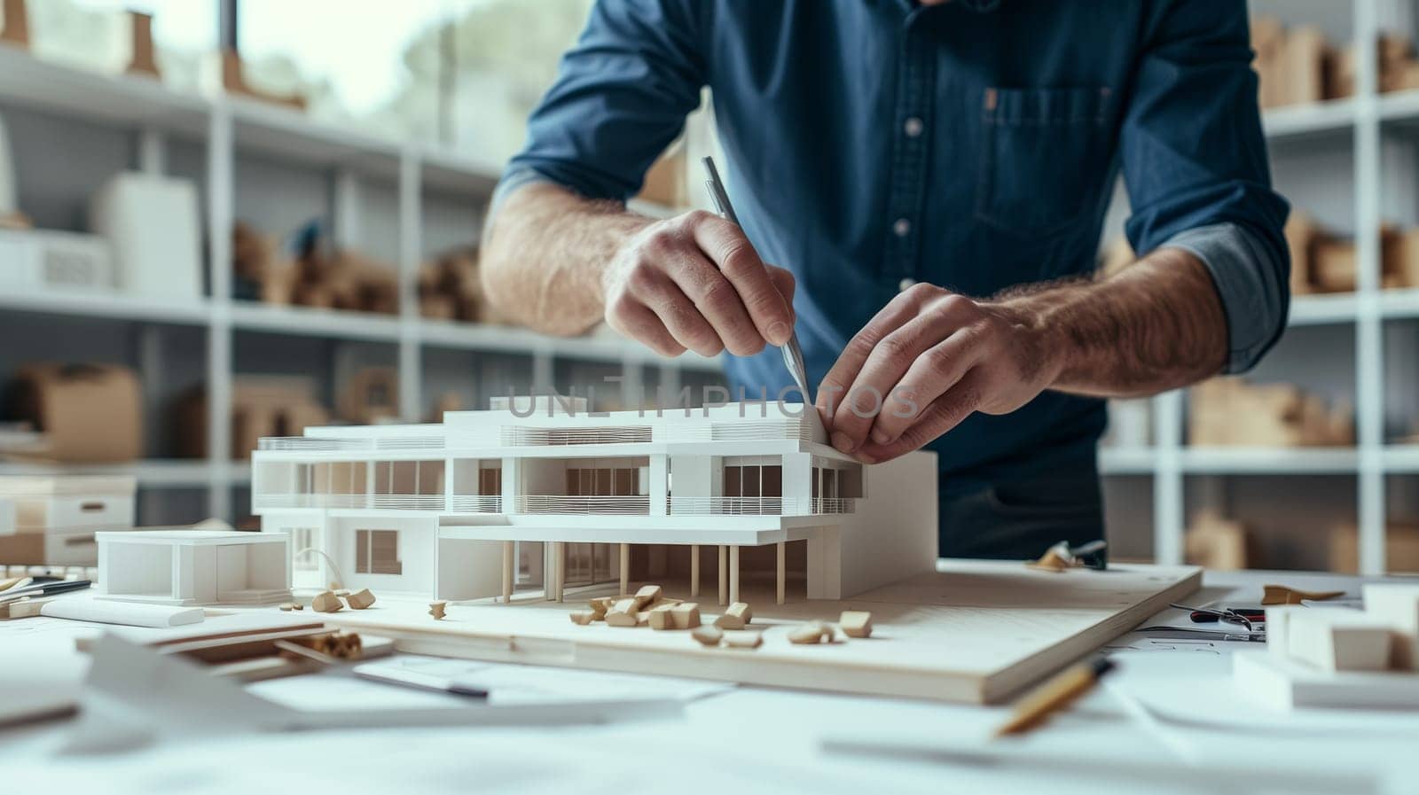 Concentrated architect constructing a detailed model house in office